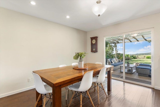 dining room featuring baseboards, wood finished floors, and recessed lighting