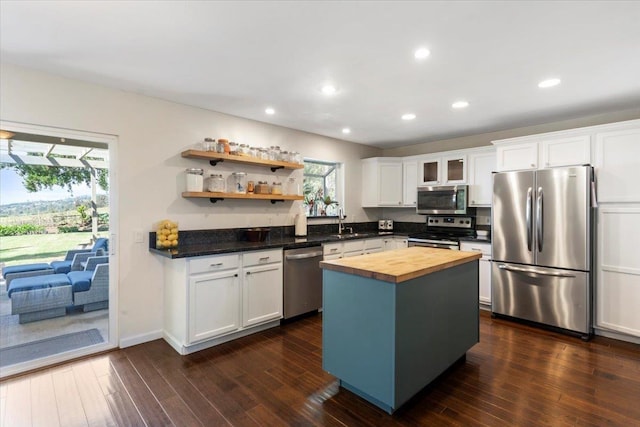 kitchen with wood counters, dark wood-style floors, a sink, and appliances with stainless steel finishes