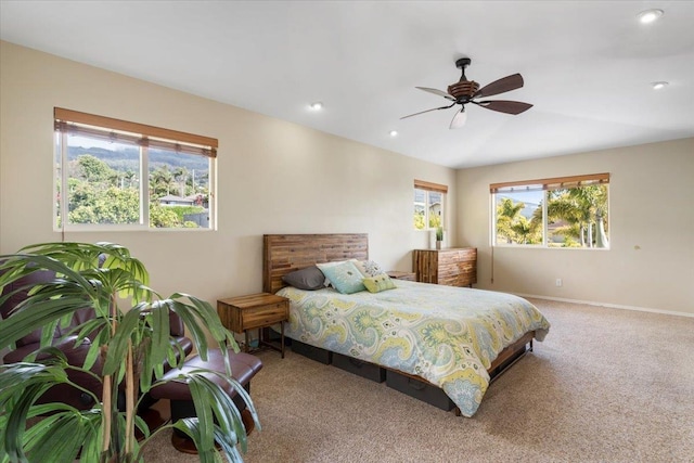 bedroom featuring carpet, baseboards, ceiling fan, and recessed lighting