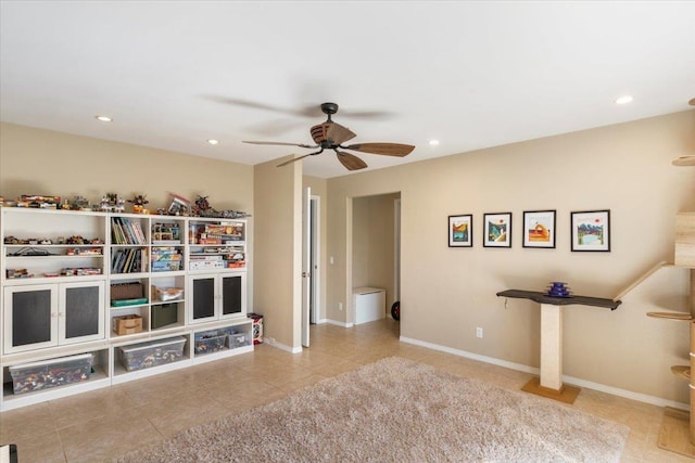 playroom with tile patterned flooring, recessed lighting, and a ceiling fan