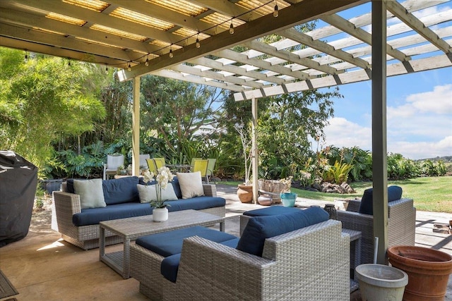 view of patio / terrace featuring a pergola and outdoor lounge area
