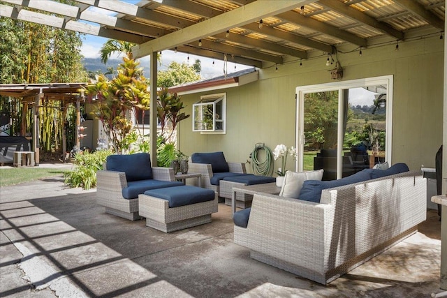 view of patio / terrace with outdoor lounge area and a pergola