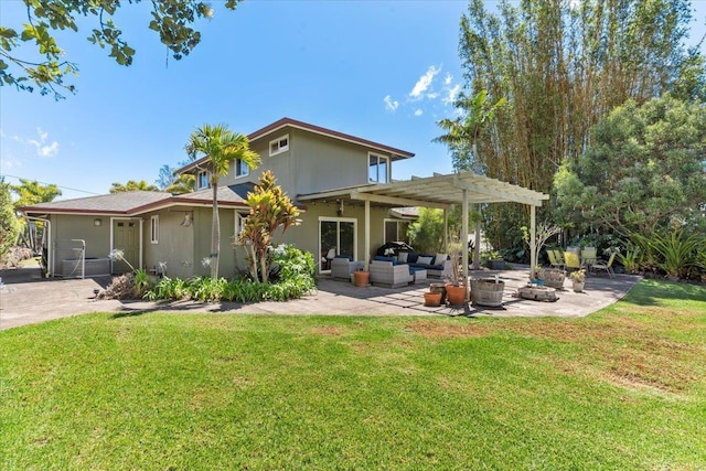 rear view of property featuring a pergola, an outdoor hangout area, a patio, and a yard