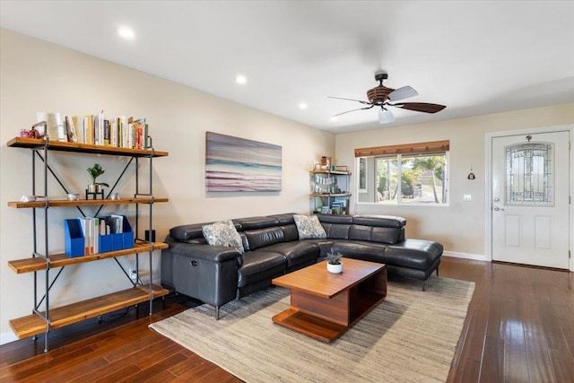 living area featuring baseboards, ceiling fan, recessed lighting, and hardwood / wood-style floors