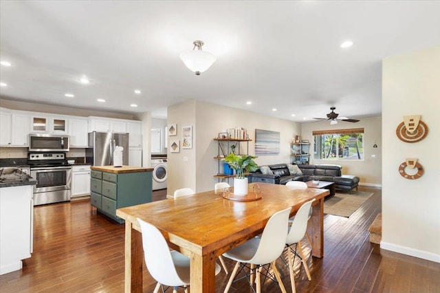 dining space featuring a ceiling fan, washer / clothes dryer, baseboards, recessed lighting, and dark wood-style flooring