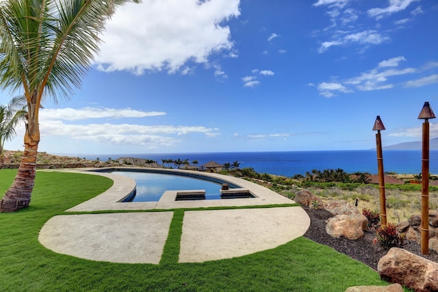 view of pool featuring a water view and a lawn