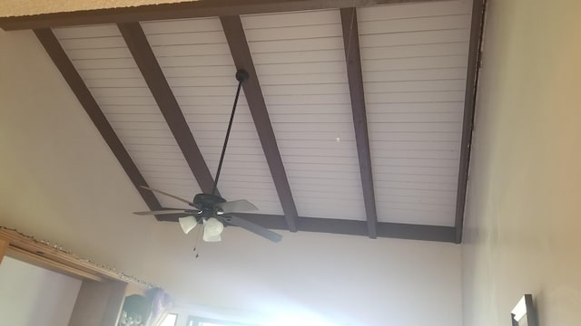 details with ceiling fan and beamed ceiling