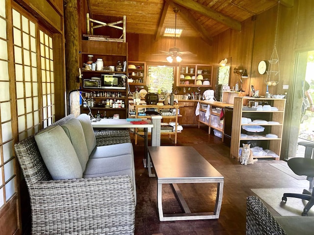 interior space with lofted ceiling with beams, ceiling fan, wood ceiling, and wooden walls