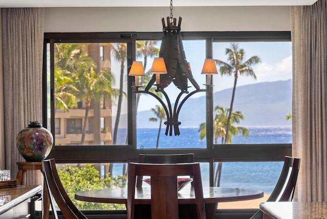 room details featuring a water and mountain view