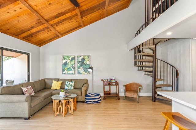 811 S Kihei Rd Unit 2H, Kihei, HI 96753 - living area featuring light wood-style flooring, wood ceiling with exposed beams, stairway, high vaulted ceiling, and baseboards