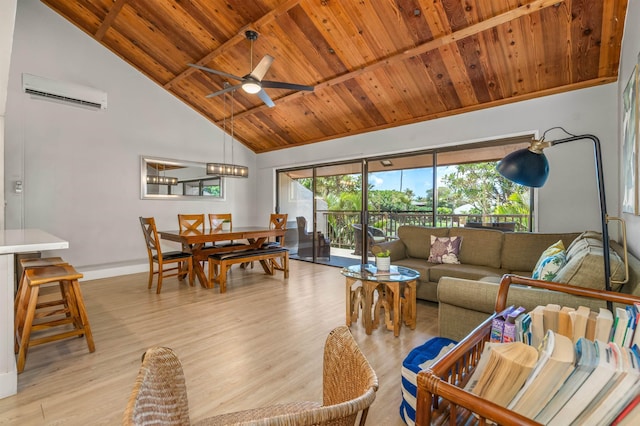 811 S Kihei Rd Unit 2H, Kihei, HI 96753 - living room with wooden ceiling with exposed beams, a wall mounted air conditioner, light wood-style floors, high vaulted ceiling, and baseboards