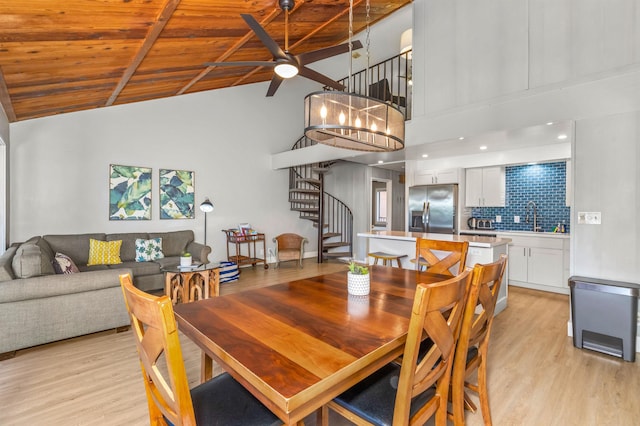 811 S Kihei Rd Unit 2H, Kihei, HI 96753 - dining room featuring wood ceiling with exposed beams, stairway, light wood finished floors, high vaulted ceiling, and a ceiling fan