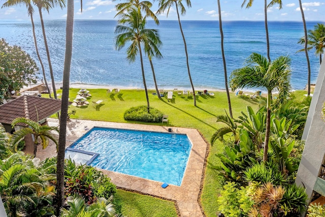 view of pool with a beach view, a yard, and a water view