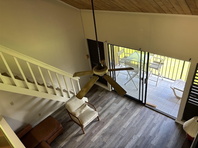 1000 Kam V Hwy Unit 320B, Kaunakakai, HI 96748 - stairs with wooden ceiling, wood finished floors, and high vaulted ceiling