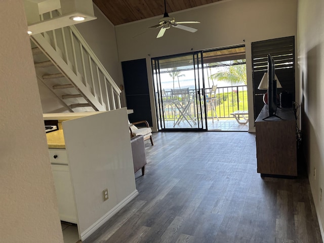 1000 Kam V Hwy Unit 320B, Kaunakakai, HI 96748 - hall featuring wooden ceiling, dark wood finished floors, stairs, and high vaulted ceiling