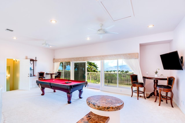 recreation room featuring ceiling fan, pool table, and light carpet