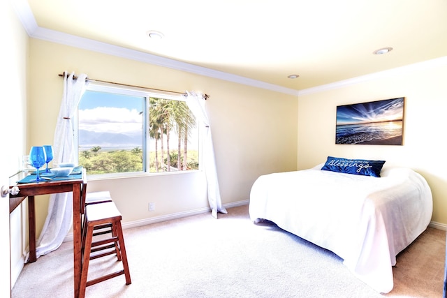 bedroom with crown molding and carpet floors