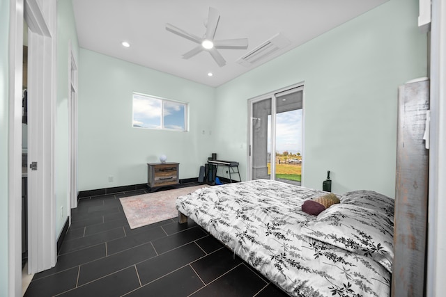 tiled bedroom featuring access to outside and ceiling fan