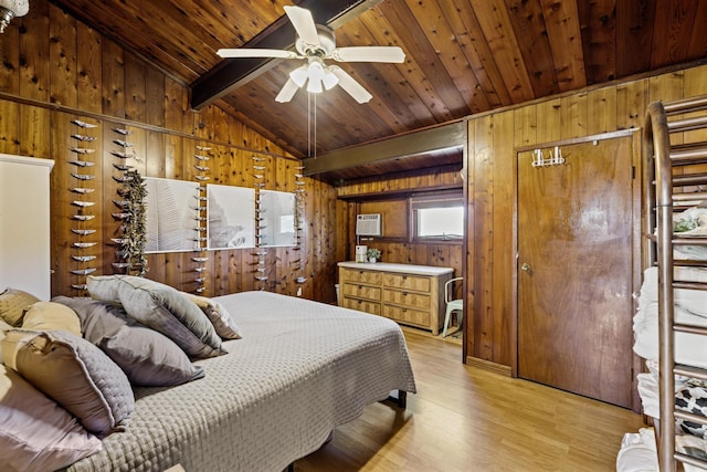 bedroom with light hardwood / wood-style floors, ceiling fan, wooden walls, and wood ceiling