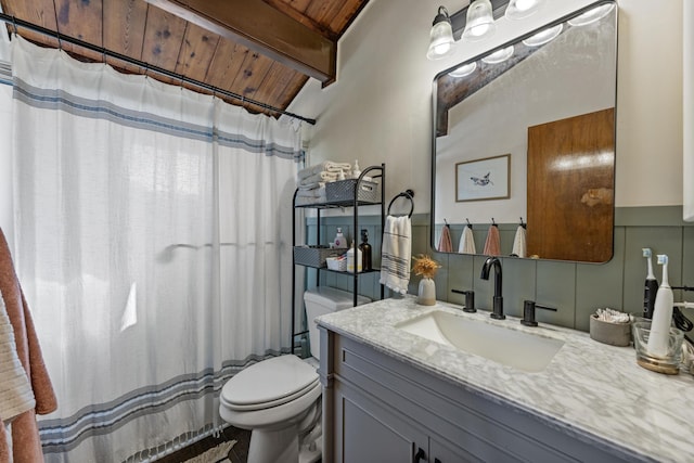 bathroom with wooden ceiling, walk in shower, lofted ceiling with beams, toilet, and vanity