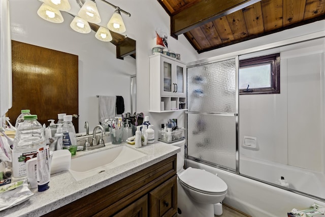 full bathroom featuring bath / shower combo with glass door, wood ceiling, vanity, lofted ceiling with beams, and toilet