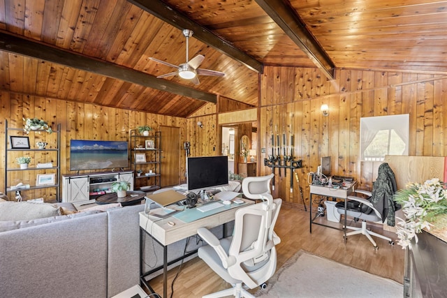 home office featuring ceiling fan, lofted ceiling with beams, light wood-type flooring, and wooden ceiling