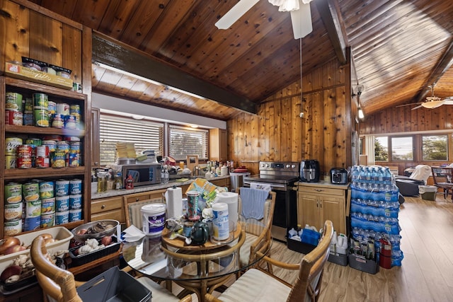 dining room with wooden ceiling, lofted ceiling with beams, wooden walls, light hardwood / wood-style flooring, and ceiling fan