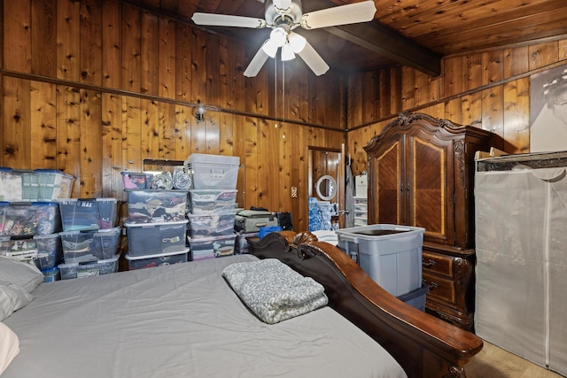 bedroom featuring wood ceiling, ceiling fan, wood-type flooring, beam ceiling, and wood walls