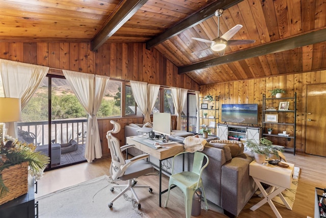 living room with vaulted ceiling with beams, ceiling fan, light wood-type flooring, and wood ceiling