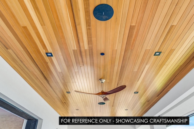 detailed view of wood ceiling and ceiling fan