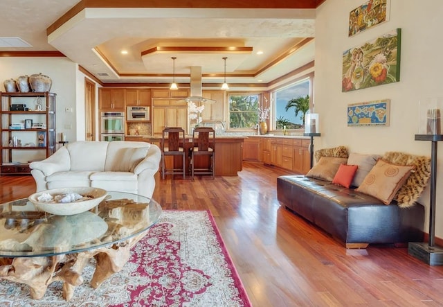 living room featuring wood-type flooring and a tray ceiling