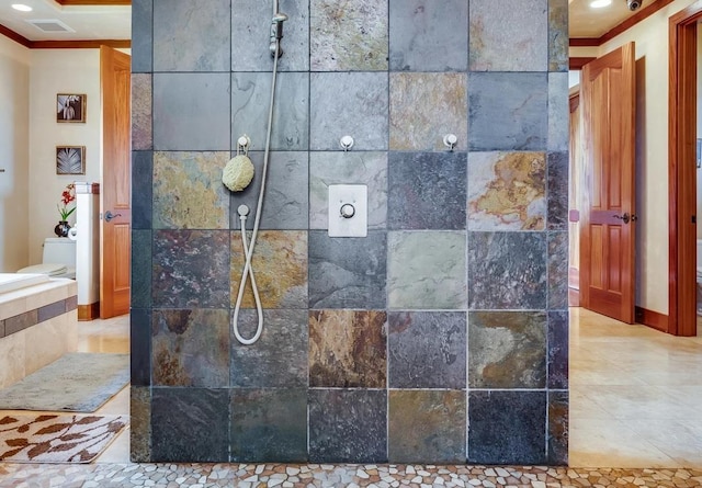 details featuring walk in shower and ornamental molding