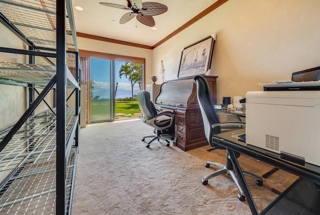 office with ceiling fan, light colored carpet, and ornamental molding