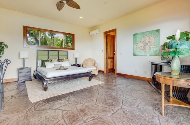 bedroom featuring ceiling fan and a wall mounted AC