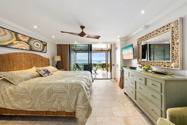 tiled bedroom with ornamental molding, access to exterior, and ceiling fan