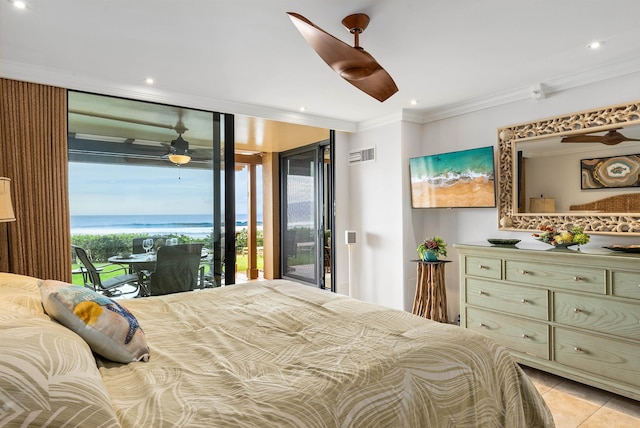 bedroom with ceiling fan, ornamental molding, light tile patterned flooring, and access to exterior