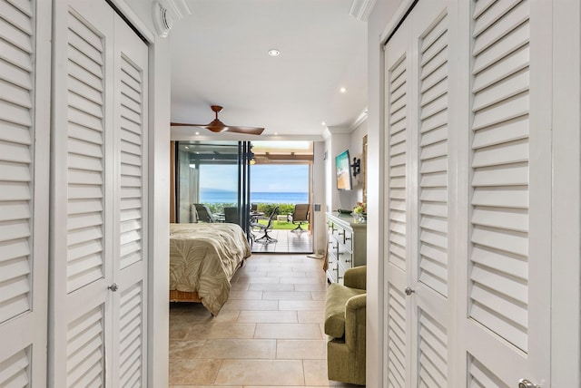 110 Kaanapali Shores Pl Unit 109, Lahaina, HI 96761 - bedroom featuring access to outside, ornamental molding, recessed lighting, and light tile patterned floors