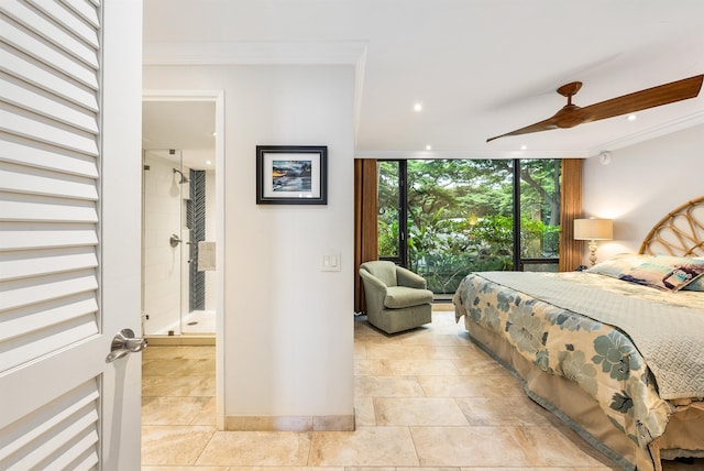 110 Kaanapali Shores Pl Unit 109, Lahaina, HI 96761 - bedroom featuring floor to ceiling windows, crown molding, recessed lighting, and ensuite bath