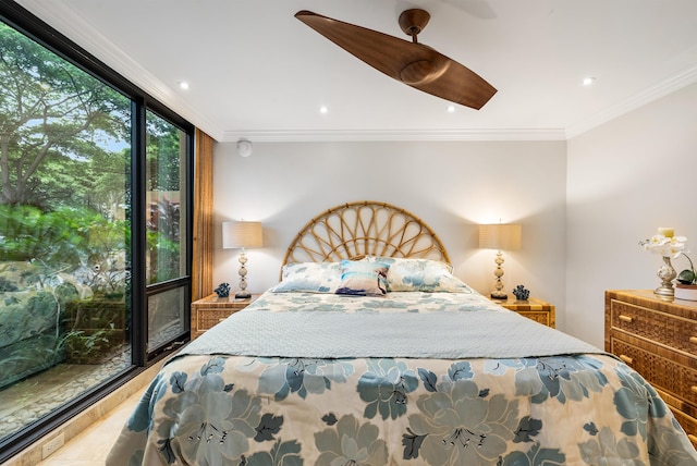 bedroom with ornamental molding, floor to ceiling windows, and ceiling fan