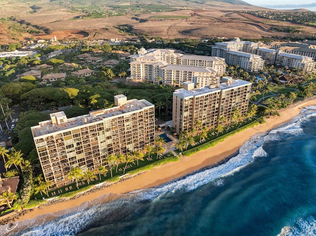 aerial view with a water view and a beach view