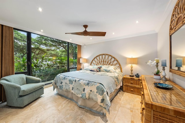 110 Kaanapali Shores Pl Unit 109, Lahaina, HI 96761 - bedroom featuring floor to ceiling windows, crown molding, recessed lighting, light tile patterned flooring, and ceiling fan