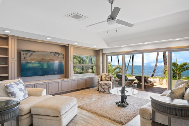 2274 S Kihei Rd, Kihei, HI 96753 - living room featuring light wood-type flooring, recessed lighting, lofted ceiling, and ceiling fan