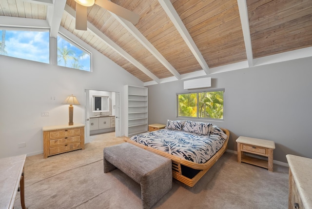 2274 S Kihei Rd, Kihei, HI 96753 - bedroom with light carpet, multiple windows, a wood ceiling with exposed beams, high vaulted ceiling, and an AC wall unit