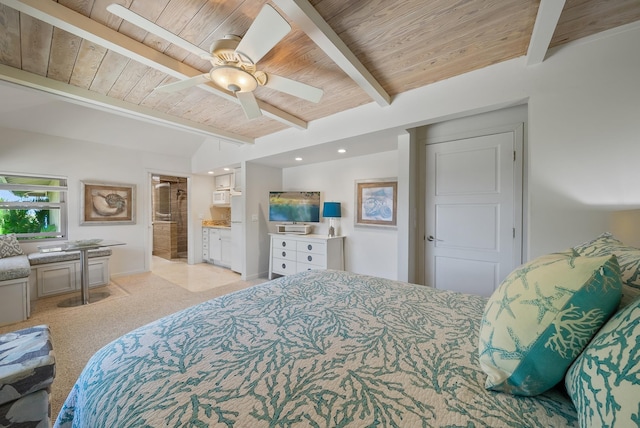 2274 S Kihei Rd, Kihei, HI 96753 - bedroom with a wooden ceiling with exposed beams, light carpet, recessed lighting, connected bathroom, and ceiling fan