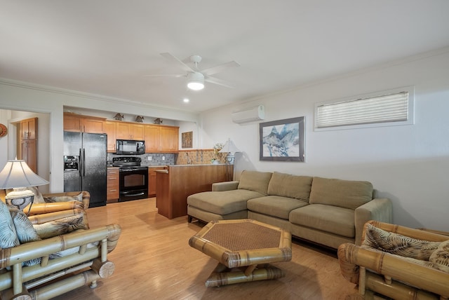 2274 S Kihei Rd, Kihei, HI 96753 - living area with crown molding, a ceiling fan, a wall mounted AC, and light wood finished floors