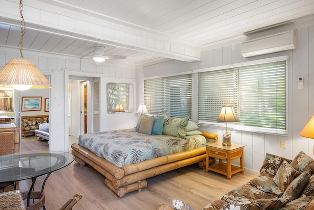2274 S Kihei Rd, Kihei, HI 96753 - bedroom with a wall mounted AC, wood finished floors, a wooden ceiling with exposed beams, and wooden walls