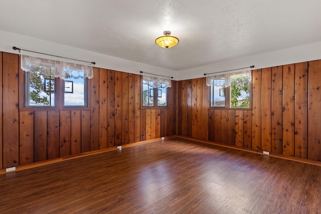 empty room featuring wood walls, dark hardwood / wood-style flooring, and a healthy amount of sunlight