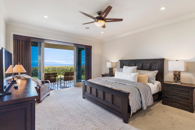 bedroom with ornamental molding, light carpet, and access to outside