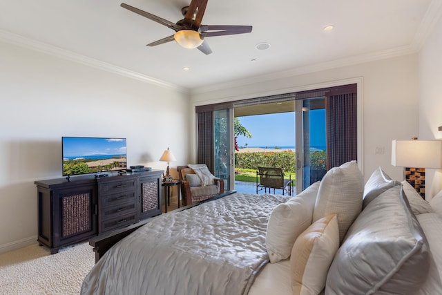 bedroom featuring ornamental molding, access to outside, light colored carpet, and ceiling fan