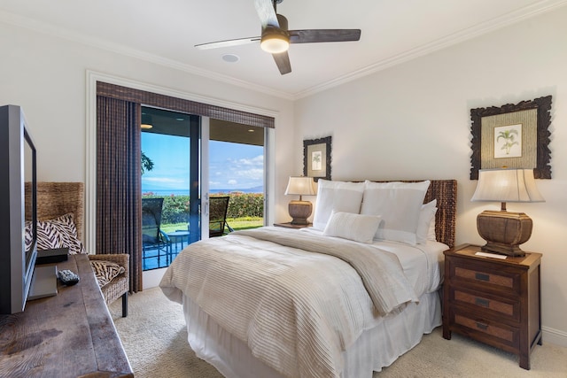 bedroom with crown molding, light colored carpet, access to exterior, and ceiling fan